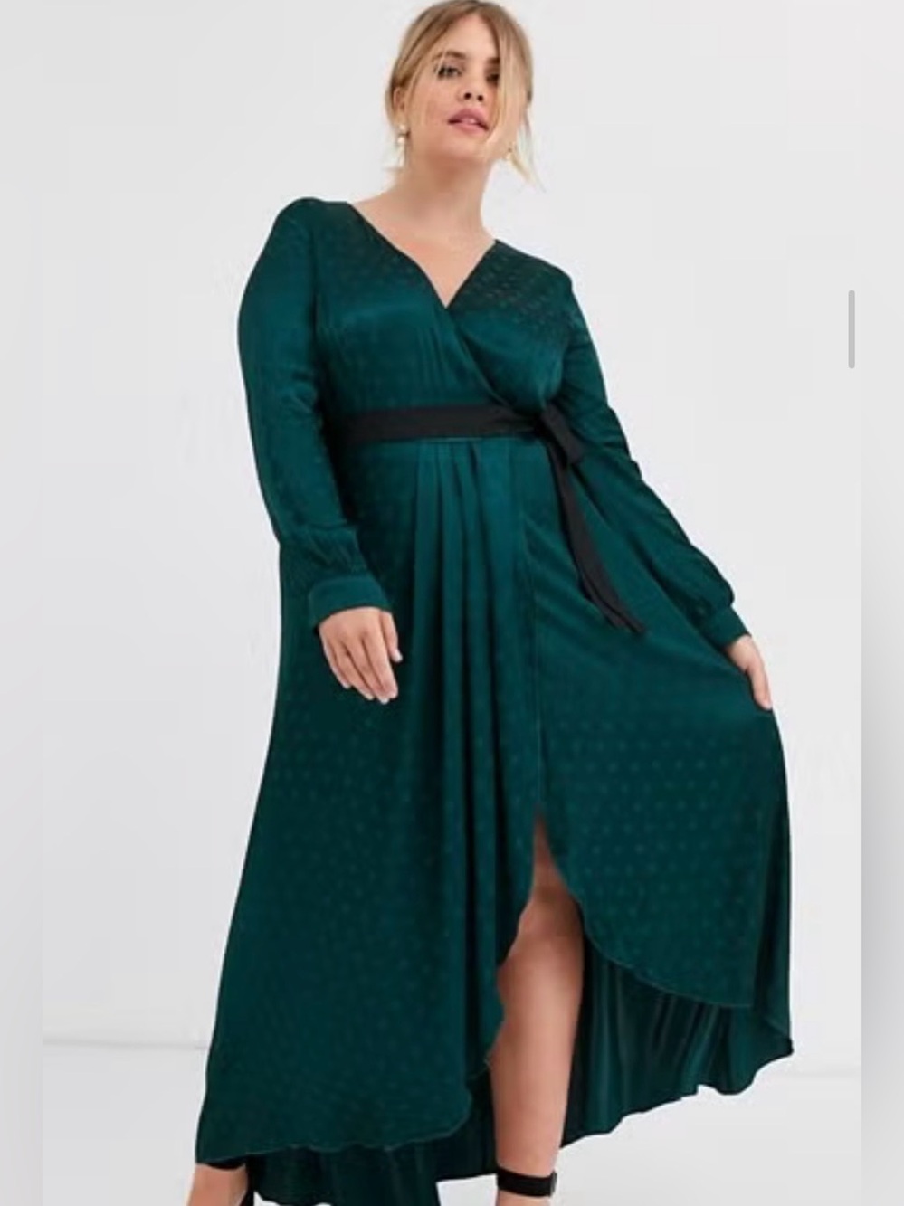 Little Mistress Emerald Green High-Low Wrap Dress with Black Tie